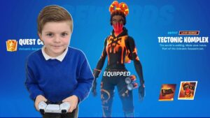 My 8 Year Old Kid UNLOCKING The FREE NEW Fortnite item Shop Skin Bundle VOLCANIC ASSASSIN