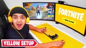 Little Brother Plays Fortnite With YELLOW GAMING SETUP...